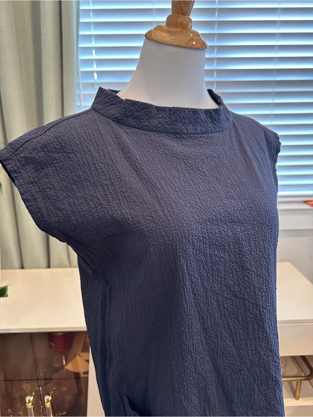 Eileen Fisher Organic Cotton Navy Textured Sleeveless Mini Shift Dress - Picture 2 of 9